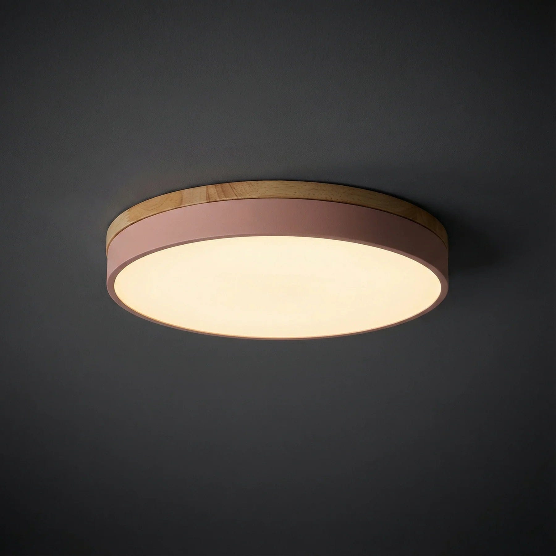 Minimalist Wood Flush Mount Ceiling Light With Remote Dimming in Pink — Greenwich Home & Living