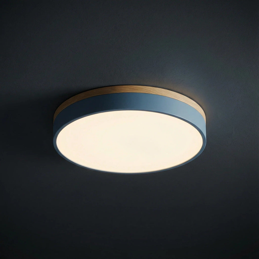 Minimalist Wood Flush Mount Ceiling Light With Remote Dimming in Blue — Greenwich Home & Living