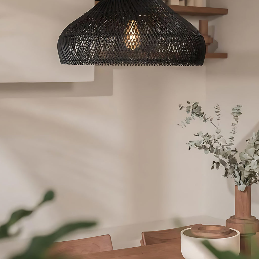 Bohemian Rattan Pendant Light With Solid Wood Cover for Dining Room — Greenwich Home & Living