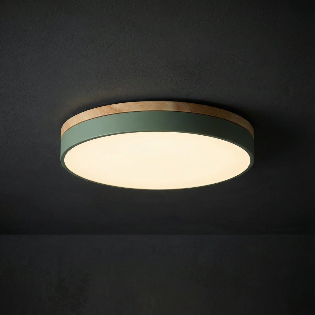 Minimalist Wood Flush Mount Ceiling Light With Remote Dimming in Green — Greenwich Home & Living