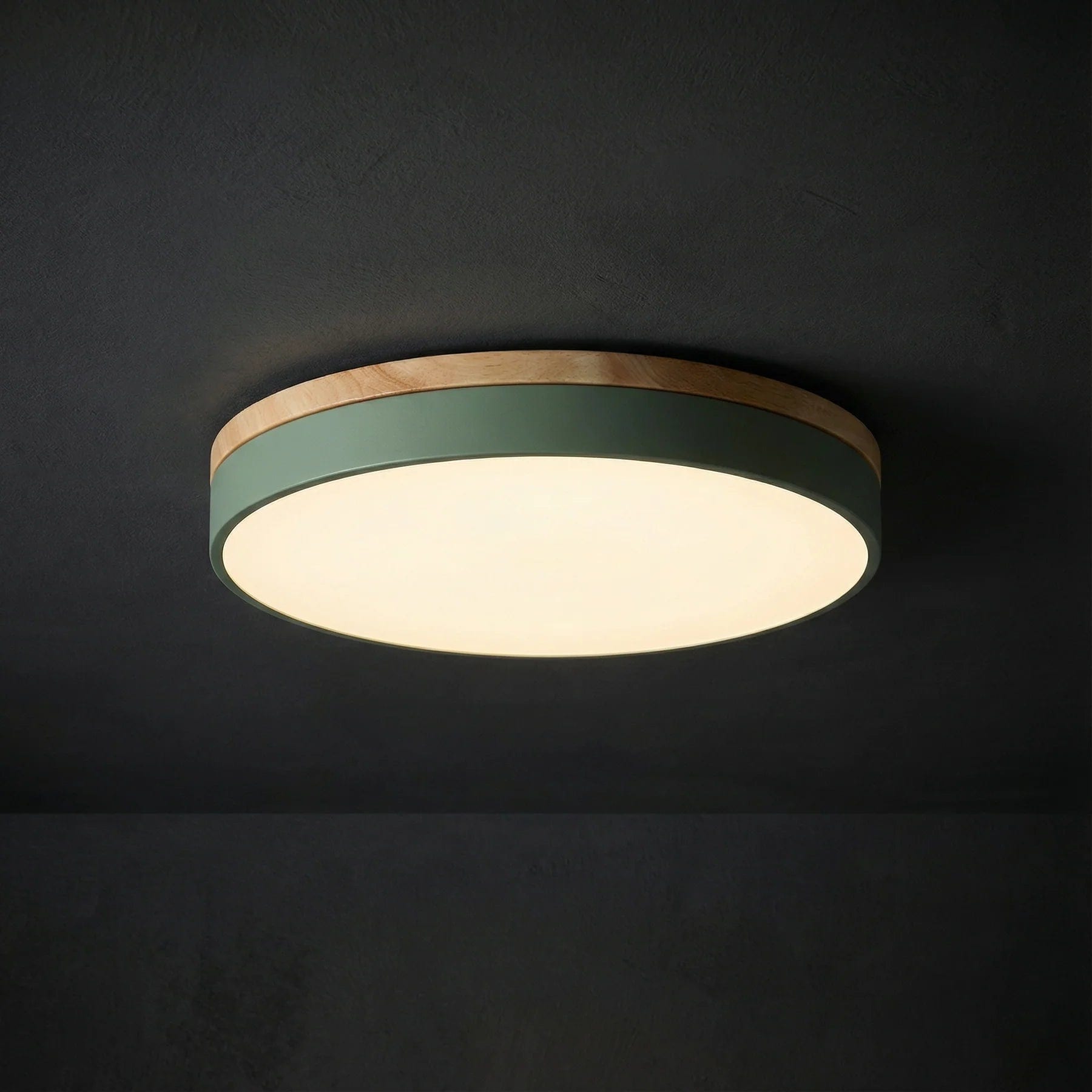 Minimalist Wood Flush Mount Ceiling Light With Remote Dimming in Green — Greenwich Home & Living
