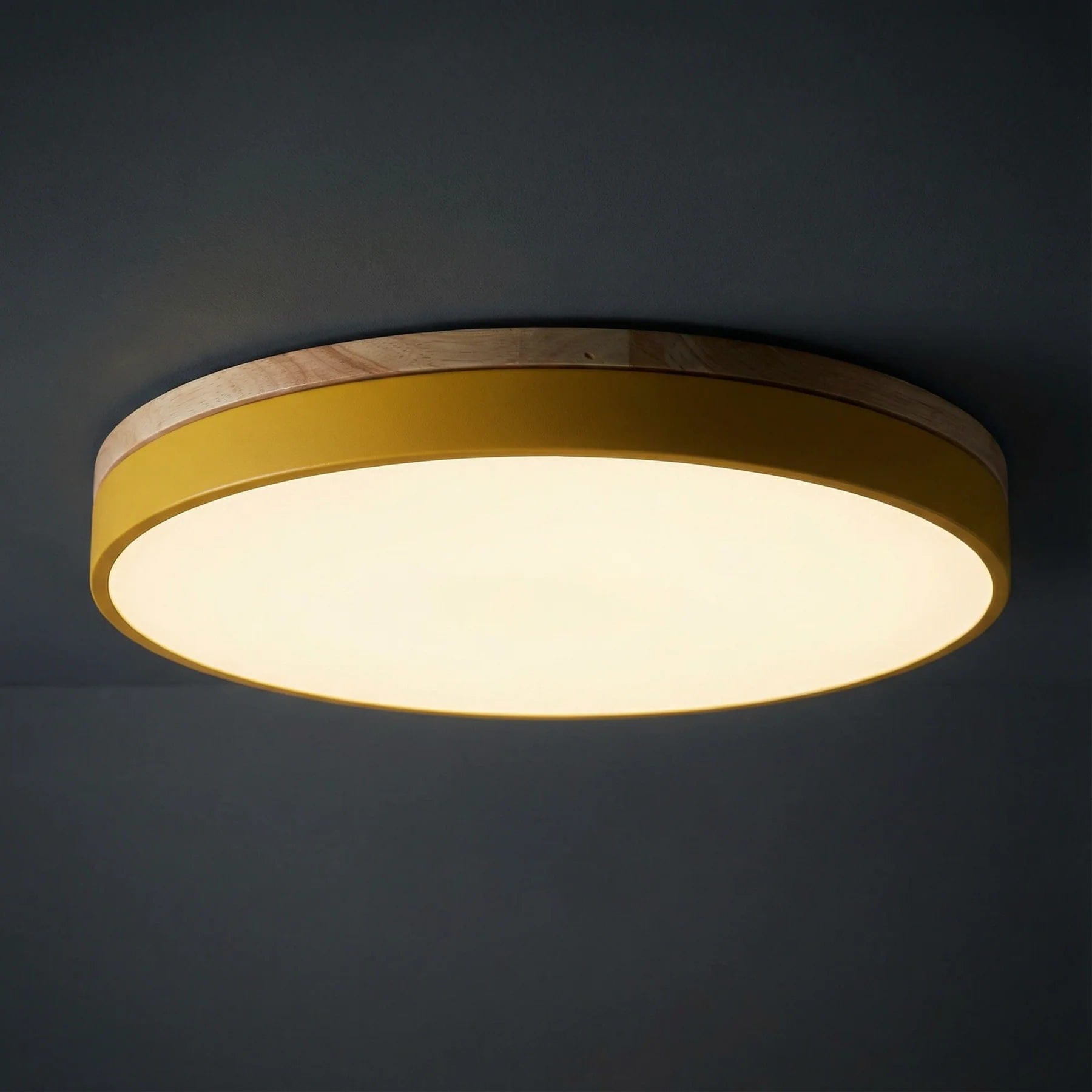 Minimalist Wood Flush Mount Ceiling Light With Remote Dimming in Yellow — Greenwich Home & Living