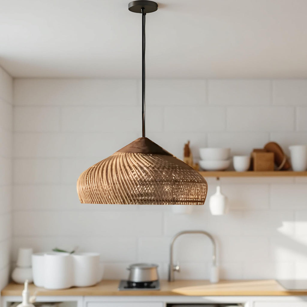 Bohemian Rattan Pendant Light With Solid Wood Cover for Dining Room — Greenwich Home & Living